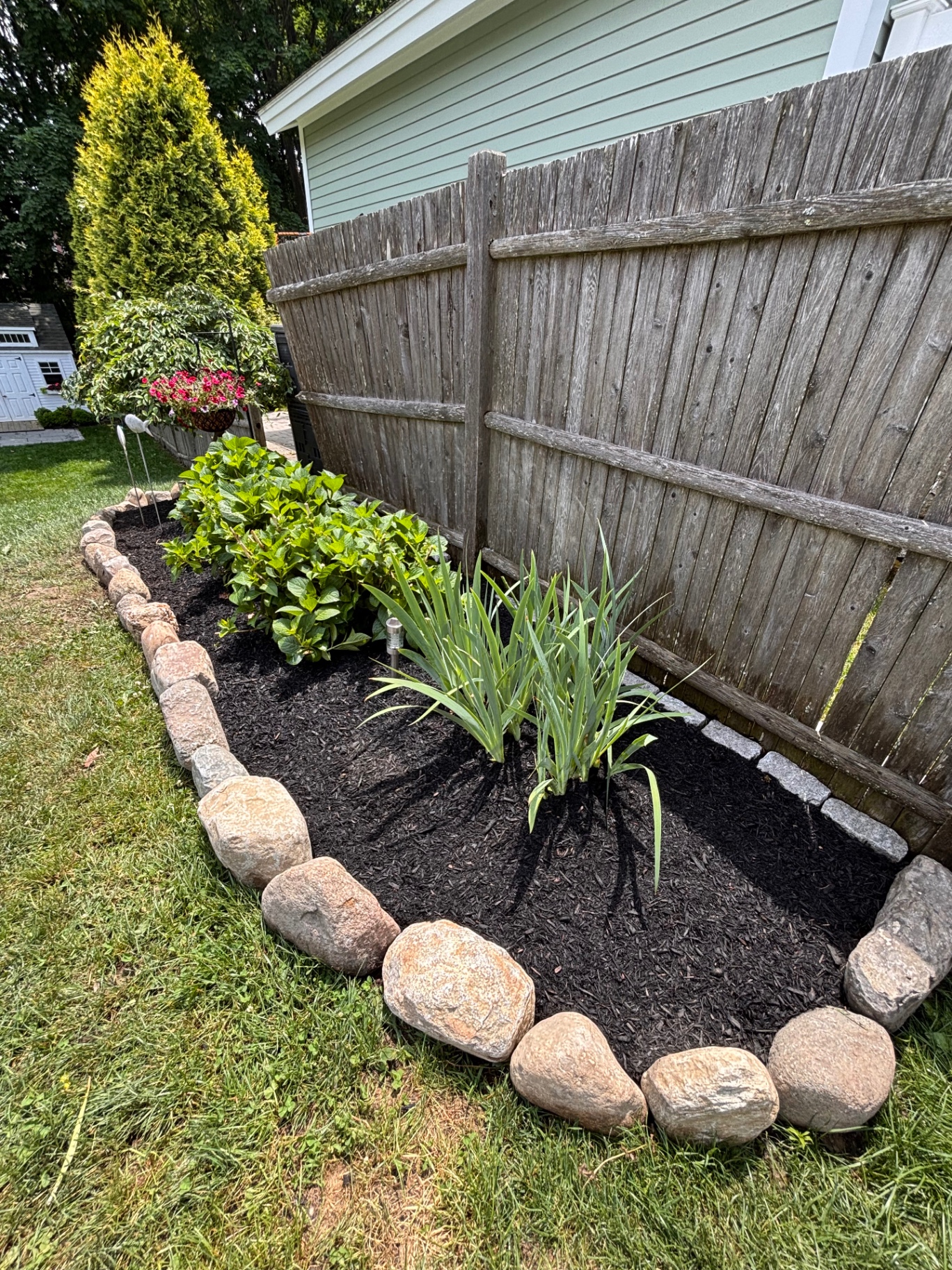 Stone-bordered garden bed with hydrangeas and daylilies along a fence