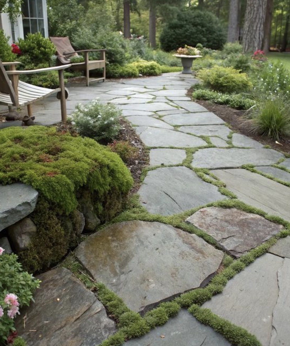 Flagstone path with moss joints leading to a wooded seating area
