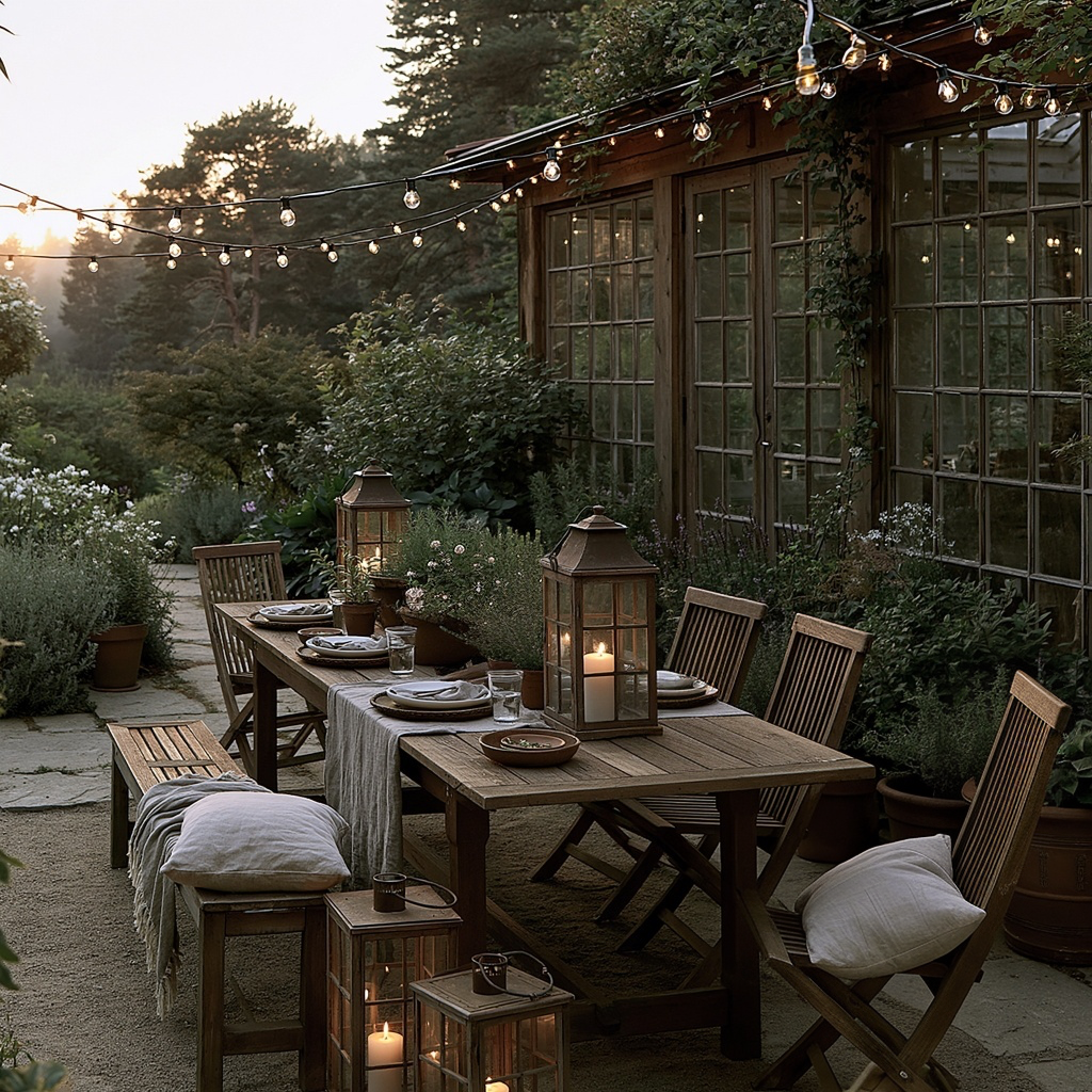 Outdoor garden dining space with string lights and lanterns at dusk