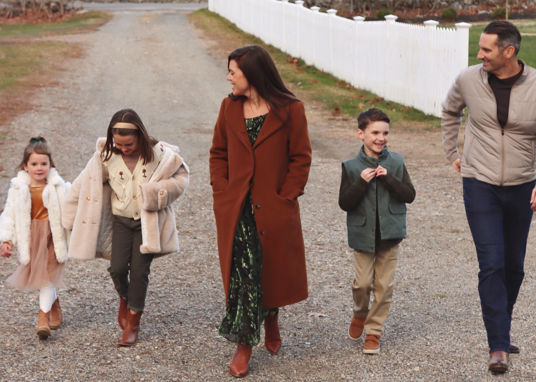 The Blais family walking together on a country lane